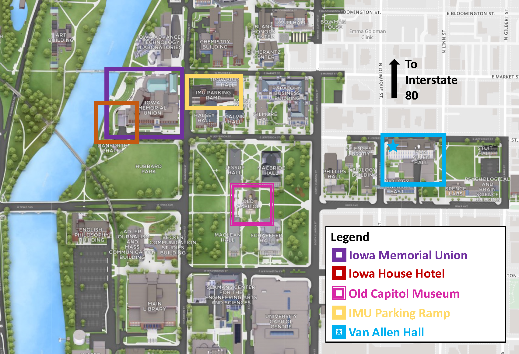 Map of CUWiP event spaces, including Van Allen Hall, Iowa Memorial Union, and Iowa House Hotel